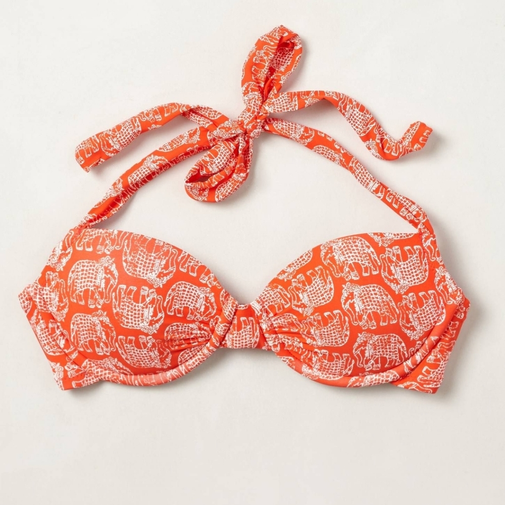 Anthropologie Elephant Print Halter Bikini Top Orange White, Medium